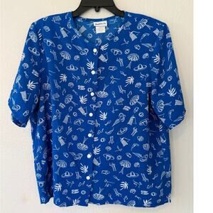 Women's Vintage Bon Worth Blue Beach Themed Blouse Shirt Top Size Medium